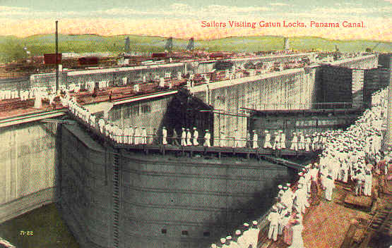 Panama Canal Construction Historic Photo - Historic Postcard showing sailors visiting Gatun Locks at the Panama Canal